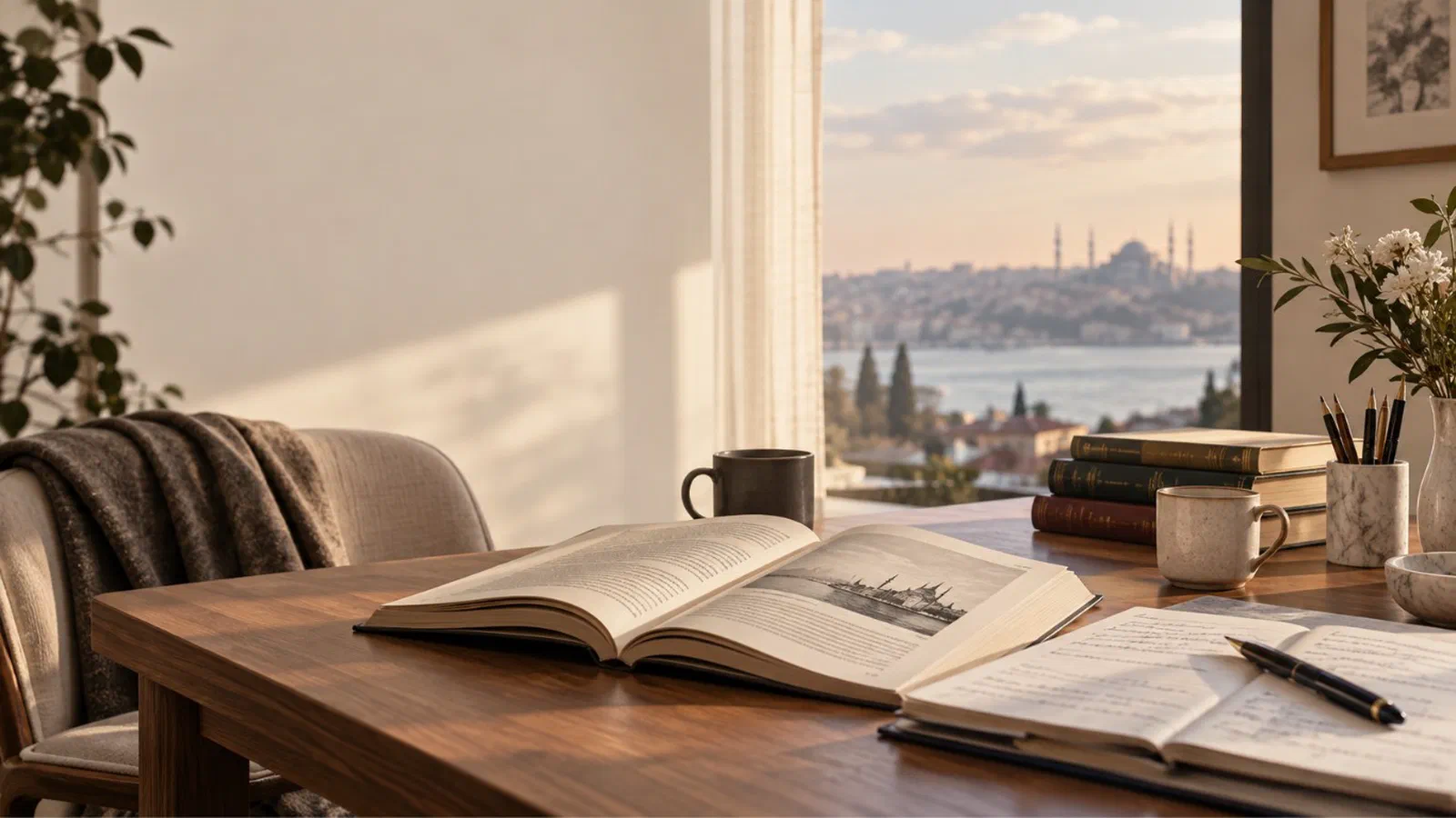 Boğaz manzaralı bir çalışma masasında açık kitap, not defteri ve dolma kalem